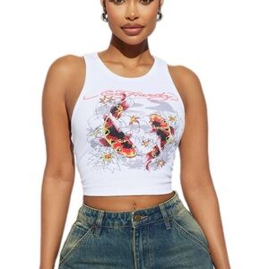 Ed Hardy White Koi Fish Graphic Crop Top